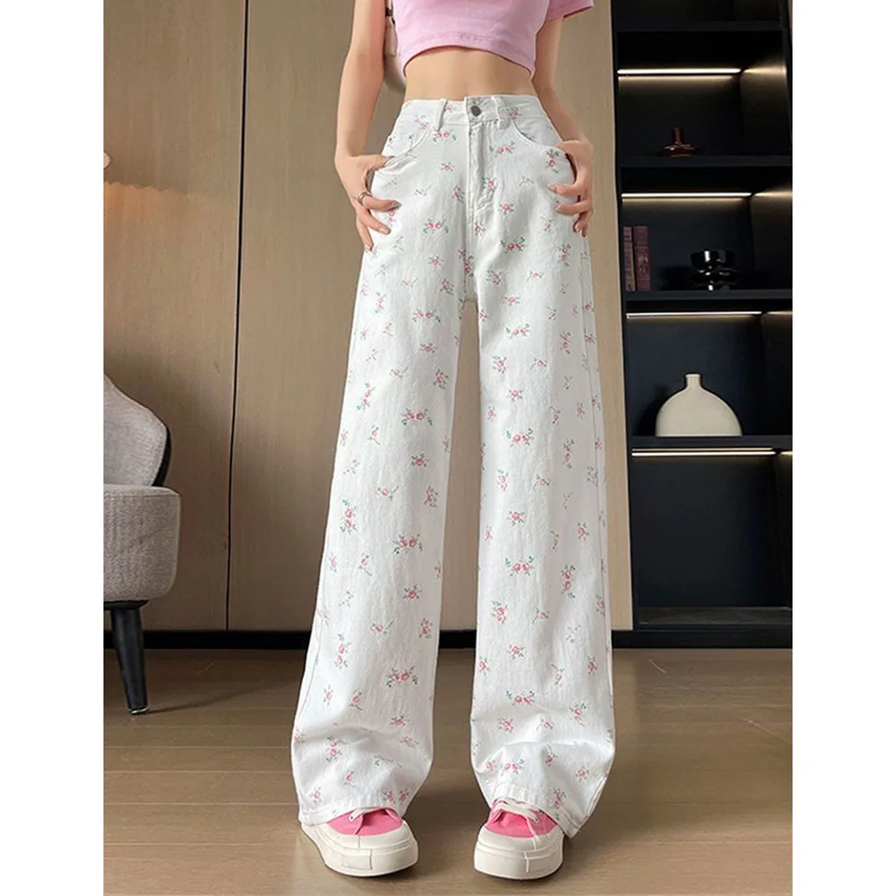 Spring Summer New High Waist Women Printed Jeans Korean Casual Loose All-Match Wide Legs Denim Pants Ladies Straight Jeans