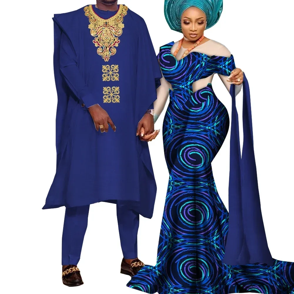 African Couple Clothes Party Dresses for Women Riche Men Print Robe Shirt with Trousers Suits Sets Wedding Clothing Wyq922
