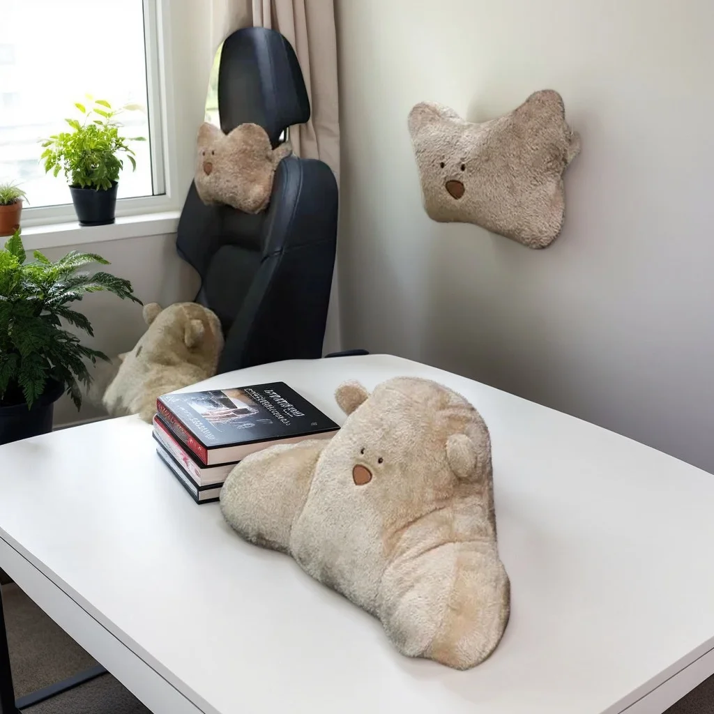 

Плюшевая подушка для подголовника автомобиля и поясничной поддержки с рисунком медведя из мультфильма — удобная подушка для шеи и спины для автомобилей