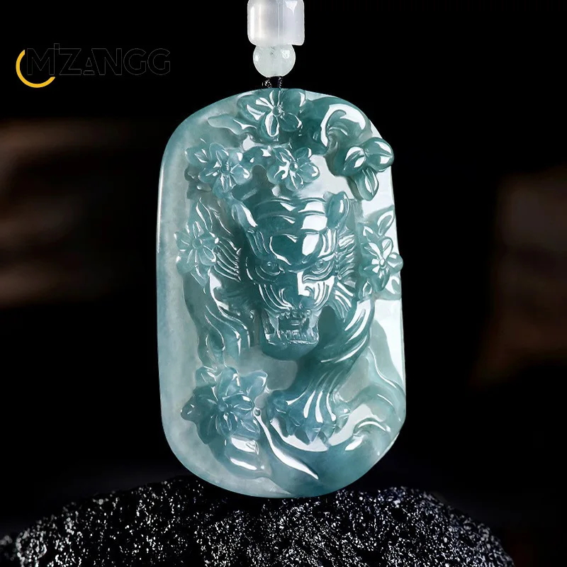 Natural Jadeite Blue Water Tiger Roaring Mountain Forest Pendant High-end Exquisite Ice Jade Necklace Men and Women Holiday Gift