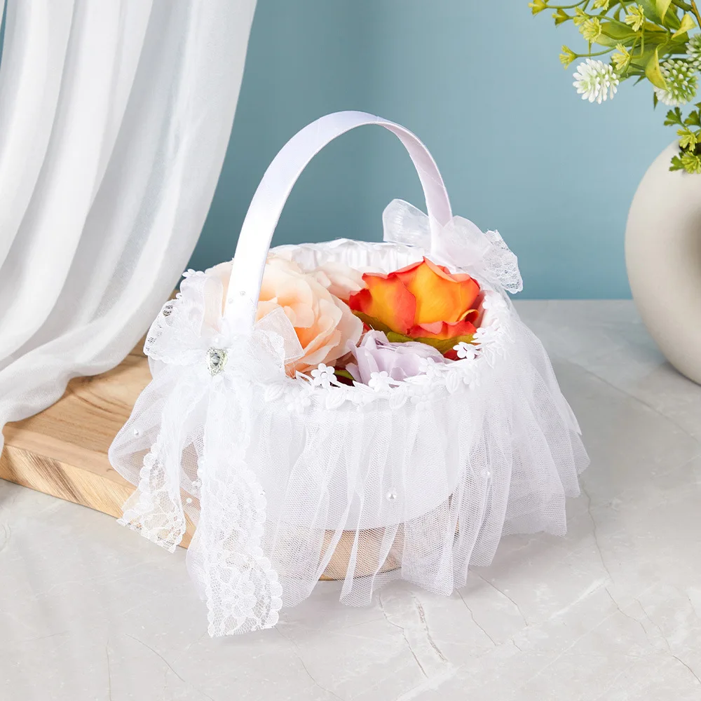 

DIY wedding flower girl hand-held flower basket fruit basket wedding supplies woven lace simulation flowers basket decorations