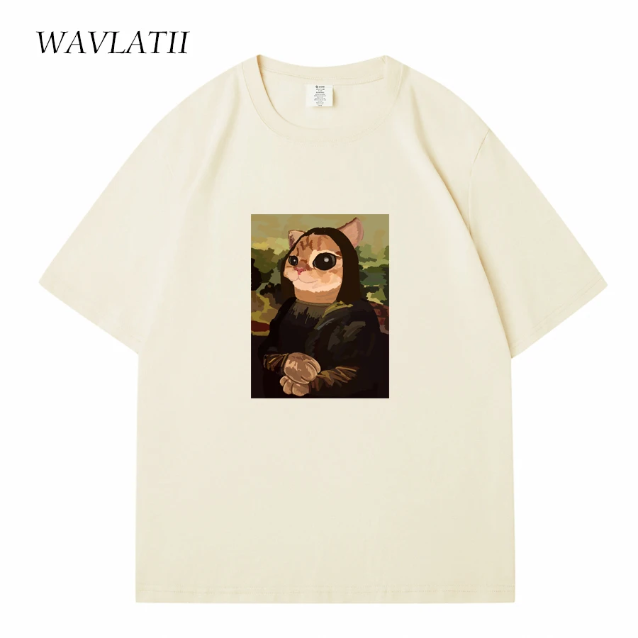 WAVLATII Women New 100% Cotton T shirts Female Dark Green Funny Printed Tees Lady Beige Cool Short Sleeve Tops for Summer WT2336