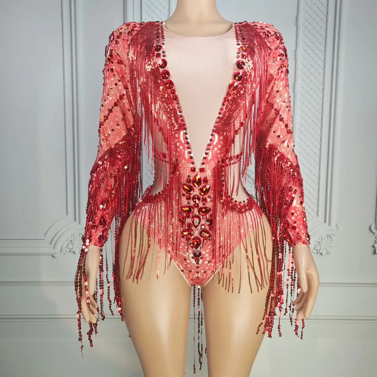 

Qiaqia Fashion Women Dance Jumpsuit Red Diamond Fringe Tight Shorts Sexy Bar Stage Performance Outfit Birthday Cocktail Dress