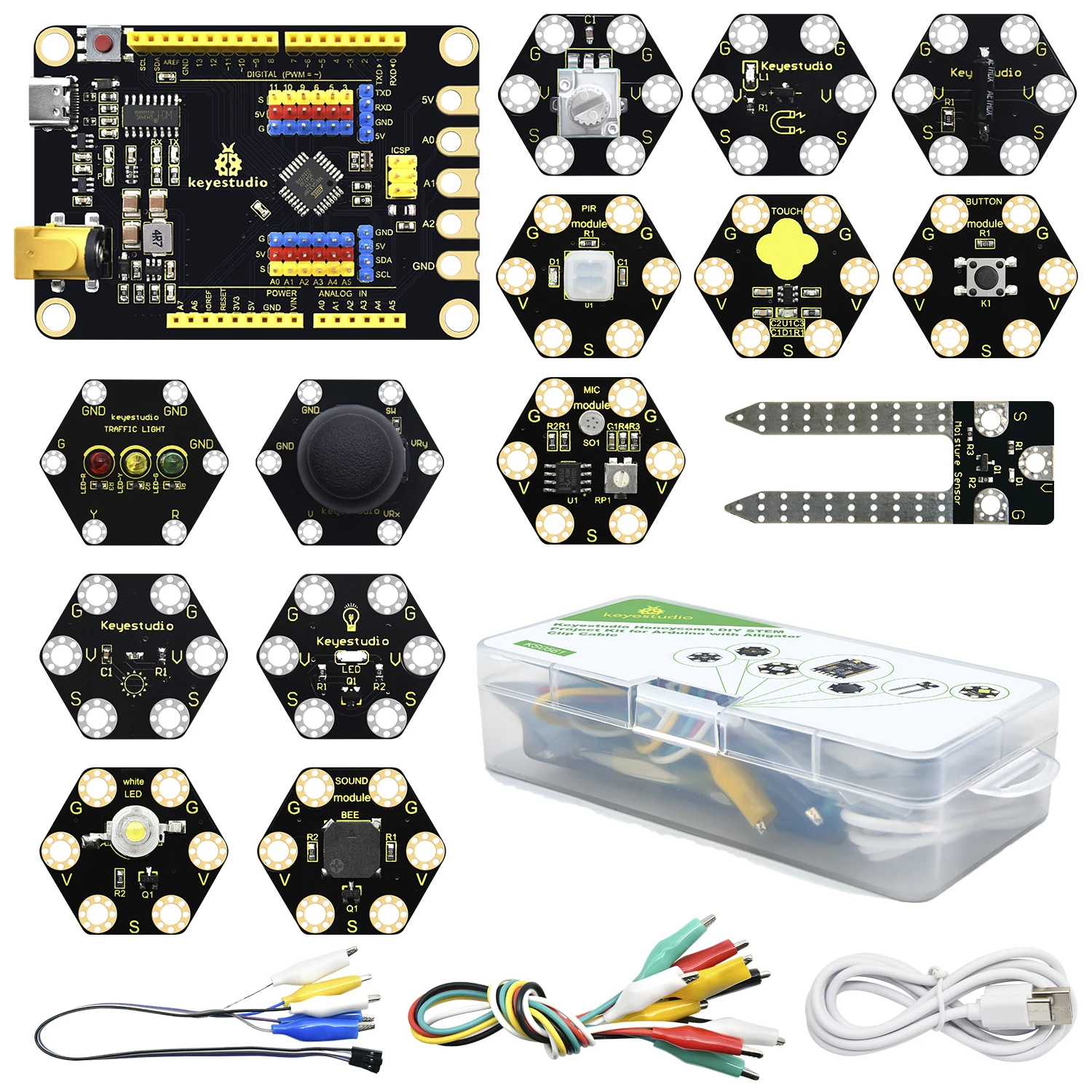 Keyestudio Honeycomb DIY STEM Sensor Kit For Arduino With Alligator Clip Cable Scratch Programming For Windows &MacOS+ Tutorail