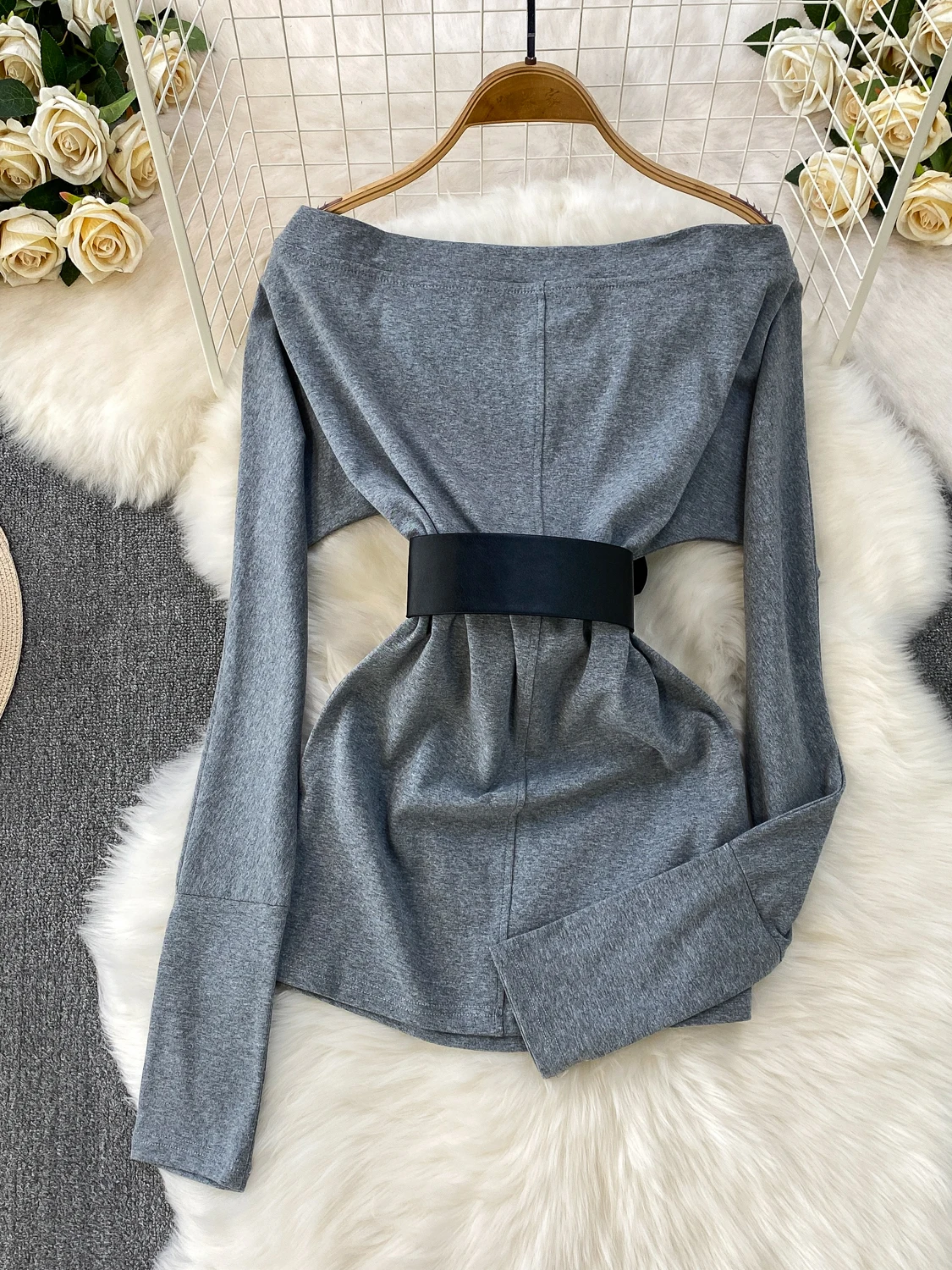 T-shirt sexy American Girl oulder Bared da donna Autunno Inverno Vita retrò Cinching Stampa Top lavorato a maglia High Ne Long Sve