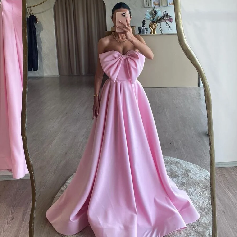 

Elegant Sorority Formal Dresses A-line Satin Party Dress Pink Sweetheart Bow Ruched Homecoming Sweep Train Gown 2025