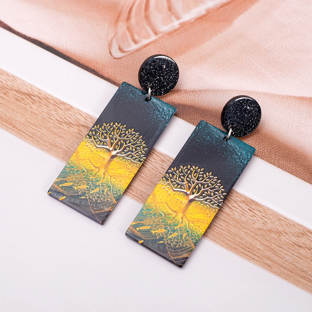 New Fashion Christmas Style Gold Color Tree Of Life Relievo Printing Acrylic Vintage Earrings For Women Elegant Girls Jewelry