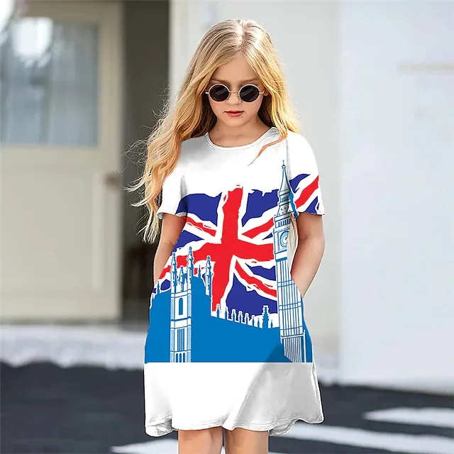 Summer rice flag graphic print girls off-the-shoulder round neck fashion dress hot sale