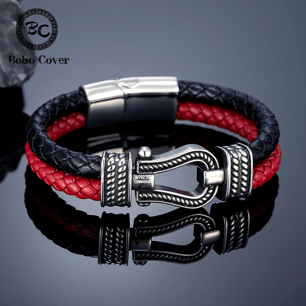 Men Braided Leather Bracelet Stainless Steel Horseshoe U Buckle Magnetic Clasp Punk Vintage Wristband Male Fashion Jewelry Gift