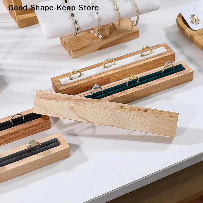 

Wood French Velvet Lining Ring Holder Earrings Bracelet Display Plate Rectangle Shape Jewelry Tray With Jewellery Storage Stand