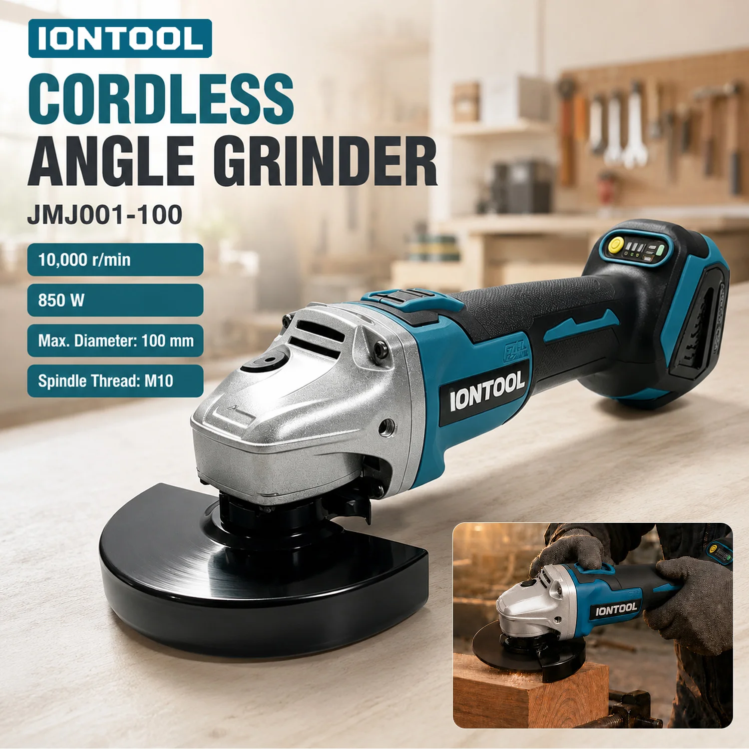 iontool-angle-grinder-850w-100mm-10000rpm-m10-reliable-sturdy-brushless-cordless-for-18v-battery-home-garage-polishing-tool