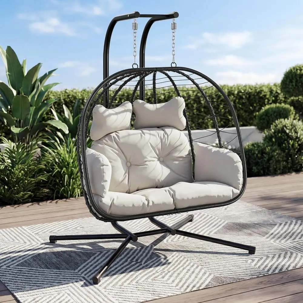

Double Hanging Egg Swing Chair with Cushion, Indoor/Outdoor, 700lbs Capacity, Black-Beige