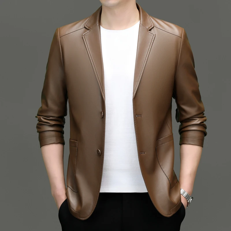 

High Quality Faux Leather Blazer Jackets Men's Autumn Winter New Plain Color Mens Casual Blazer Slim Fit Business Coats