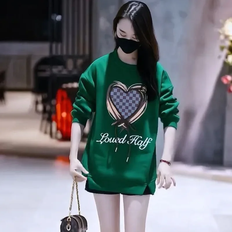 

Mid Length Sweater For Women spring And Autumn New Thickened Korean Style Pullovers Loose Round Neck Long Sleeved Tops Clothing