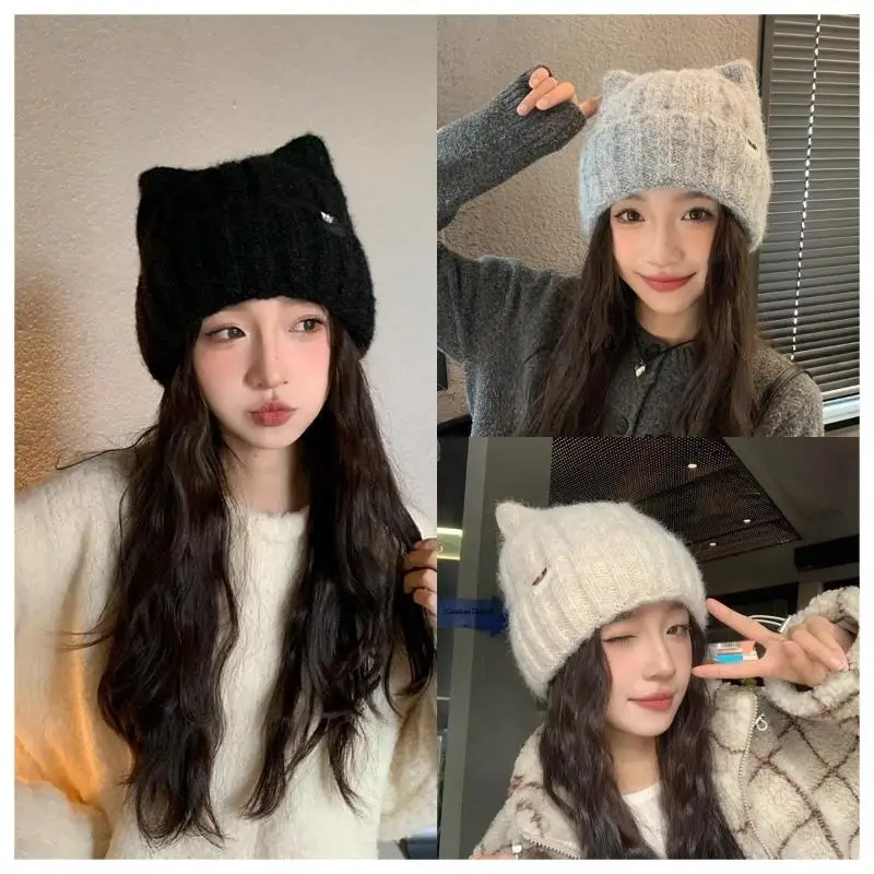 Cat Ear Beanie Winter Hat Warm Knitted Cap With Windproof Thickened Design Cute Autumn Winter Warm Accessories