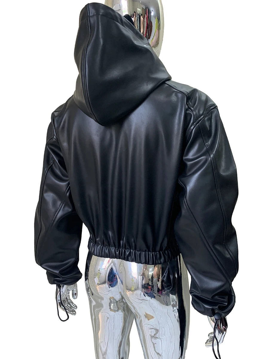 

Spring Autumn Short Black Pu Leather Jacket Men with Hood Zipper High Elastic Waist Cool Handsome Cropped Unisex Emo Clothes2025