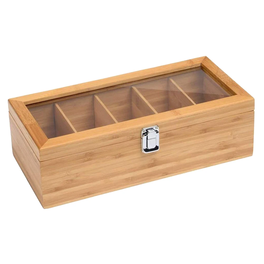 AA05 Multifunctional Bamboo System Tea Bag Jewelry Organizer Storage Box 5 Compartments Tea Box Organizer Sugar Container