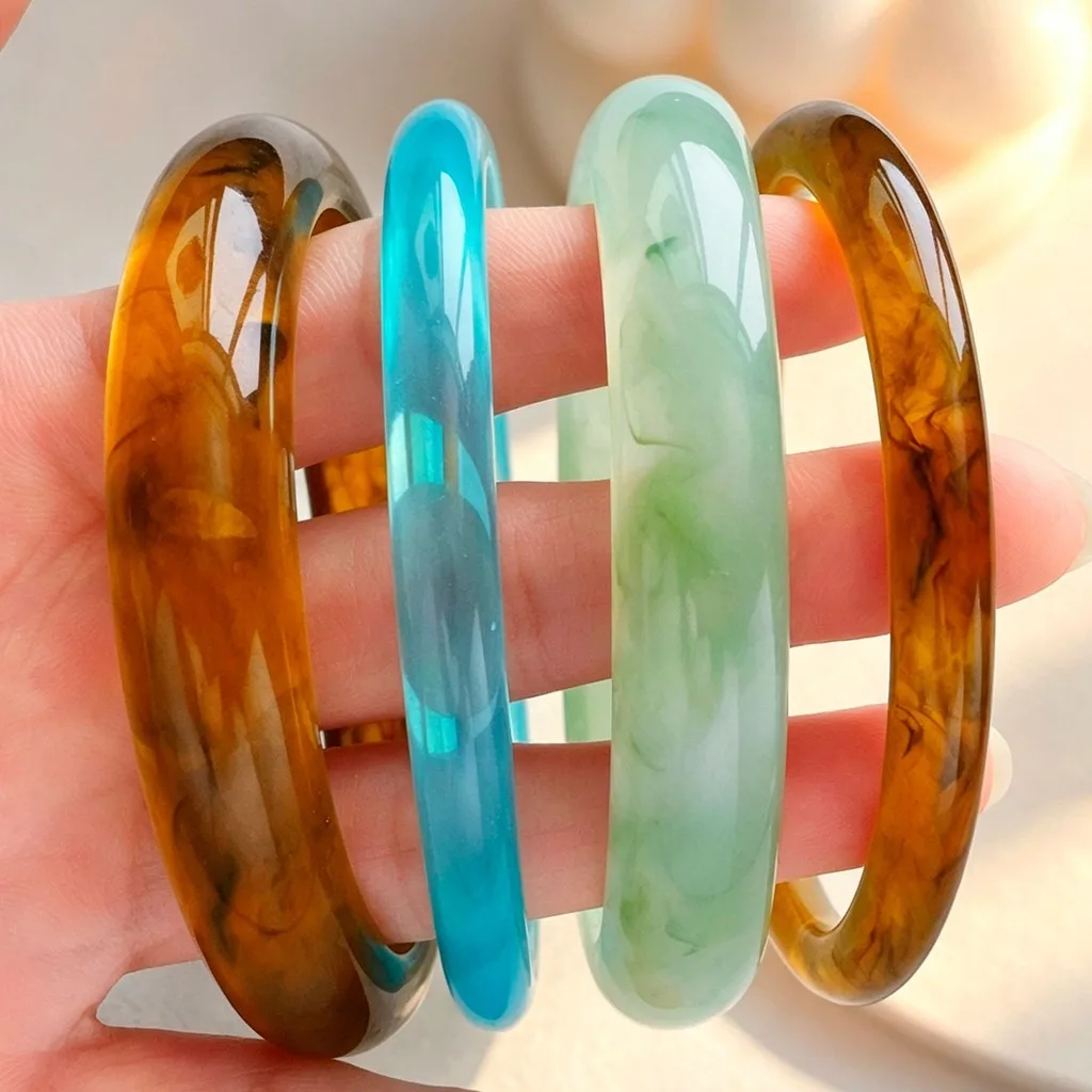 4Pcs/Set Bohemia Blue Translucent Acrylic Resin Bracelet Set Beach Vacation Bangle Stackable Lightweight Jewelry Gifts