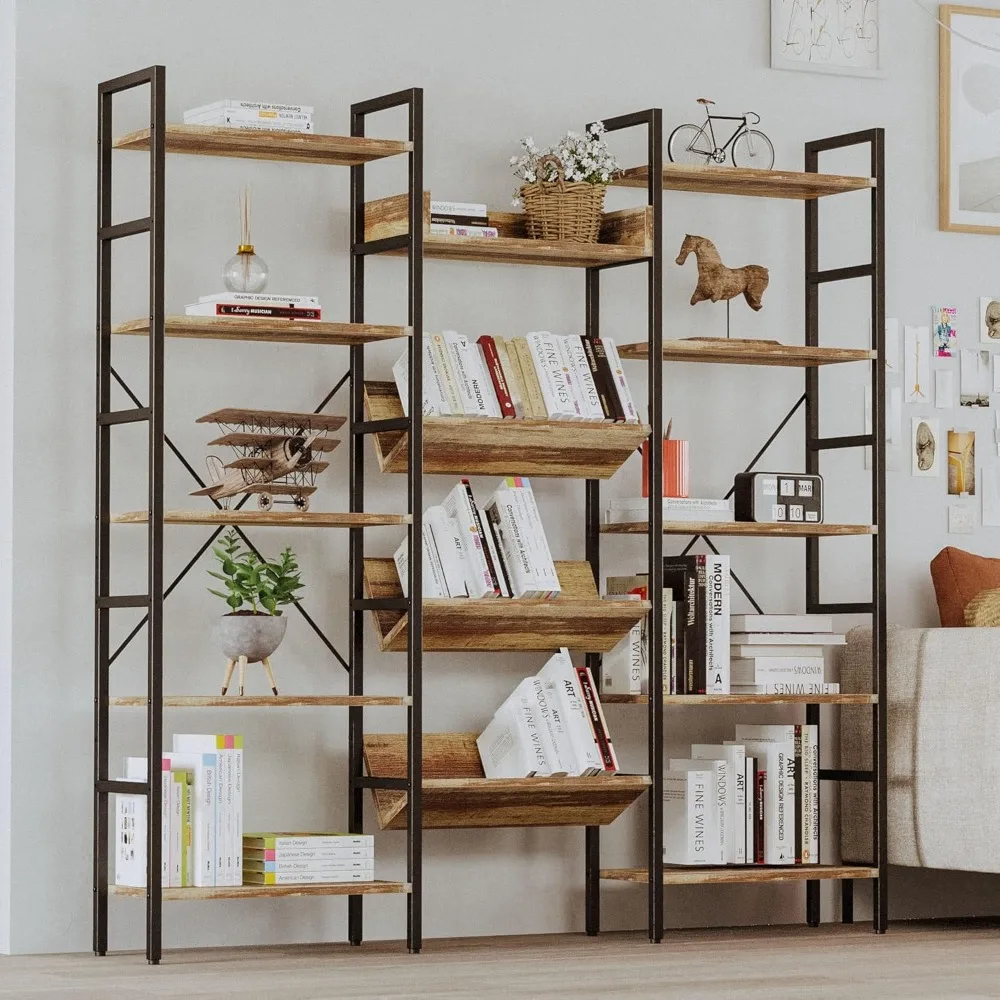 Bookshelf and Bookshelf Triple Width 5-Layer Industrial Bookshelf with Metal Frame, Suitable for Living Room, Home Office