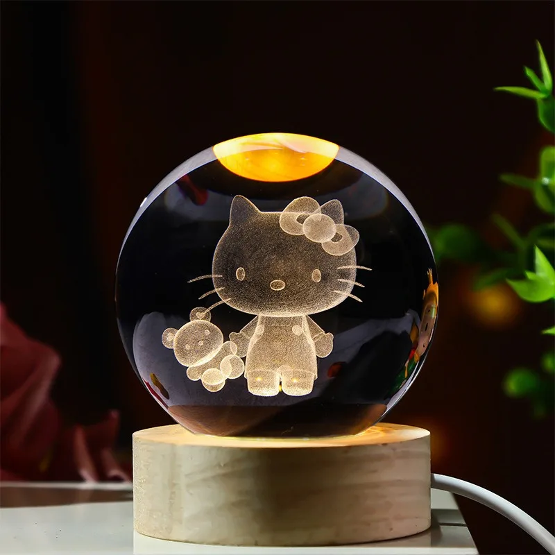 6cm Hello Kitty Kuromi Anime Figure Crystal Planet USB Night Light 3D Crystal Ball Laser Carving Lamp Kids Christmas Gifts Toys