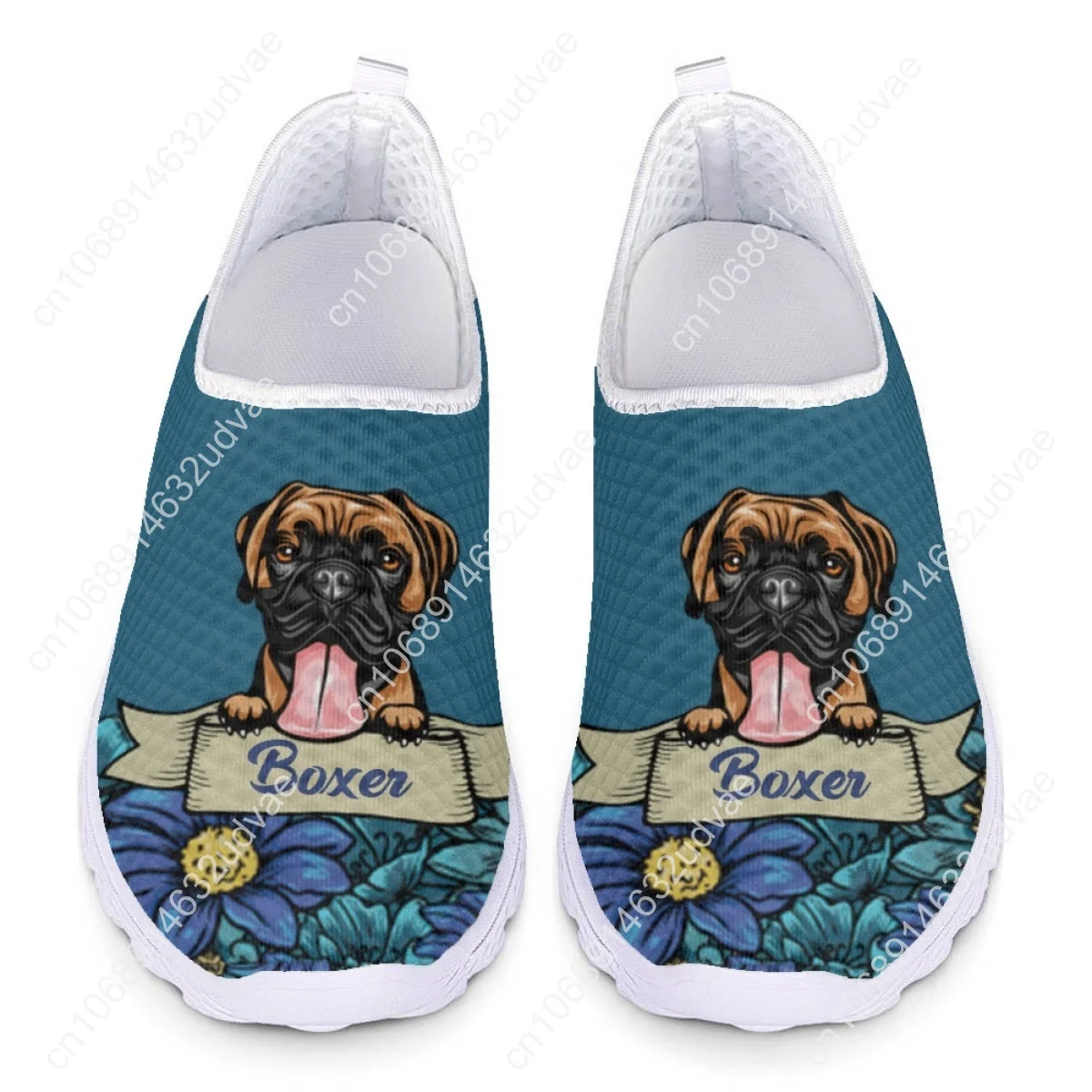 Lovely Boxer Dog Print Slip-on Mesh Shoes Custom Personalized Flats For Dog Lovers Floral Light Loafers For Mom Gift