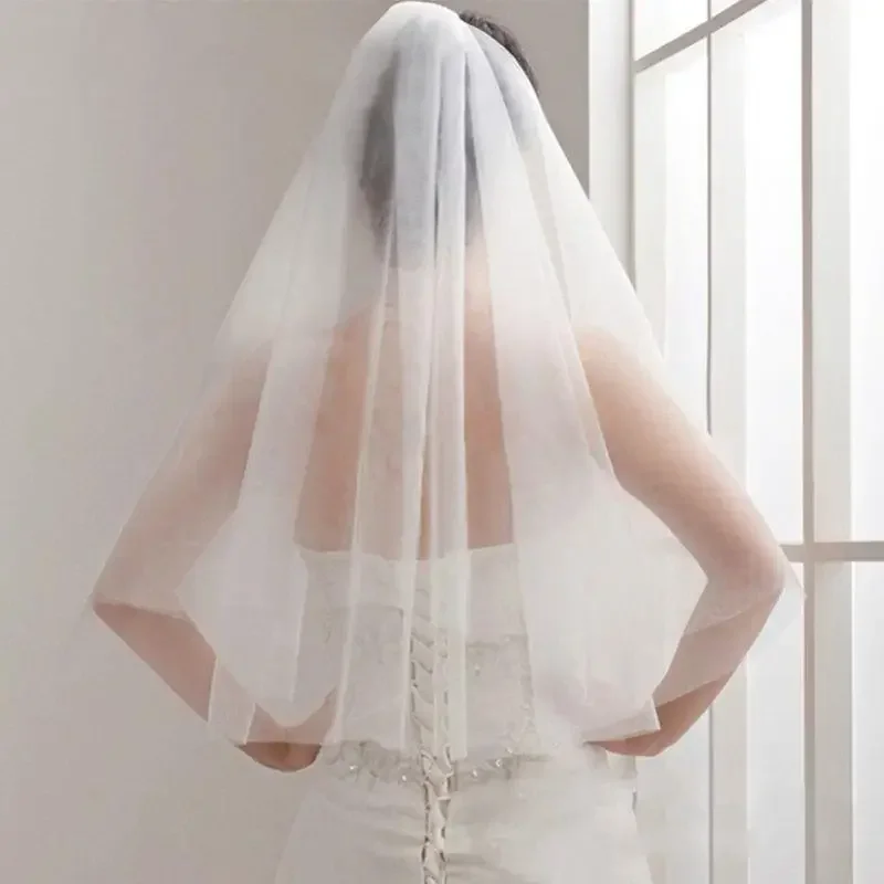 Boho 2 Tier Elbow Length Tulle Cute Edge Elopement 60cm-80cm White Ivory Wedding Veil