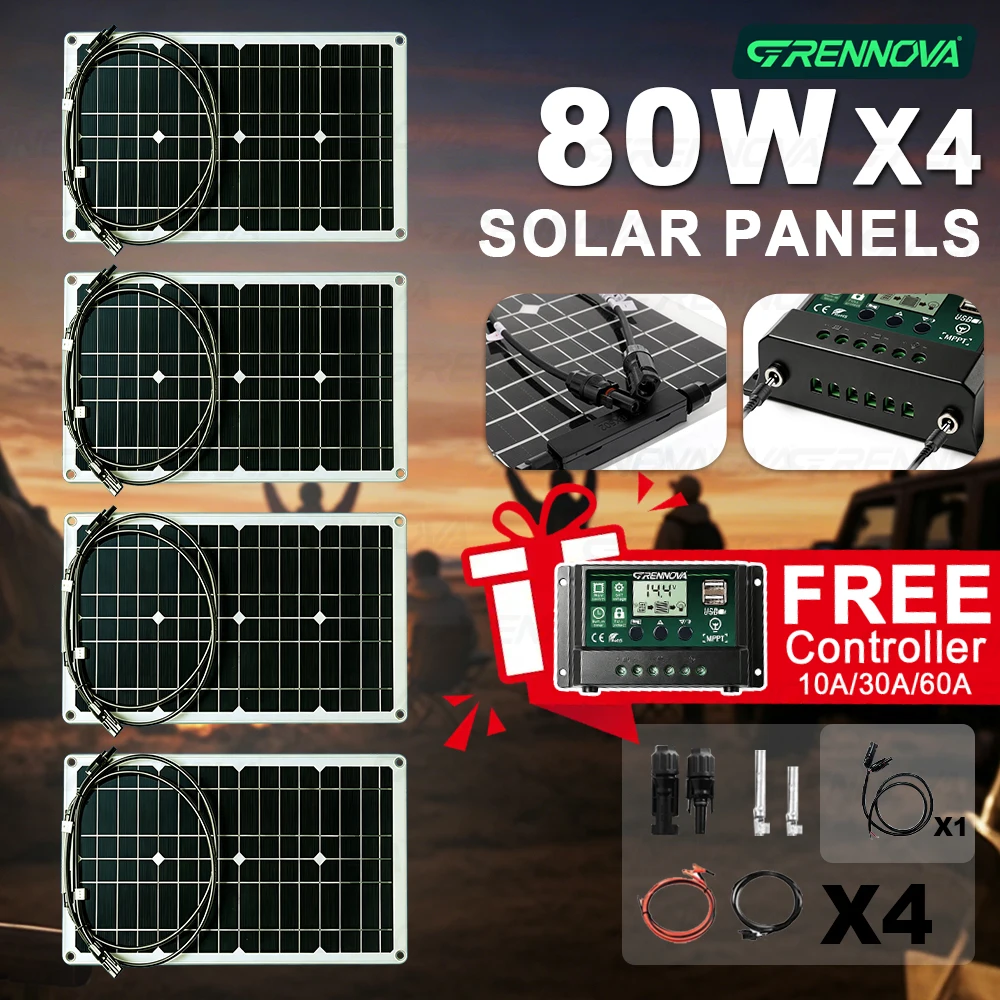 GRENNOVA 80W Waterproof Solar Panel 1-4PCS Camping Power Kit with Free  60A Controller for Travel Car Outdoor Battery Charging