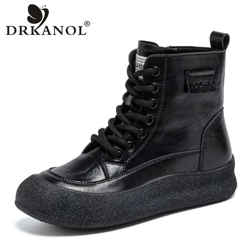 

DRKANOL Fashion Women Flat Platform Short Boots Autumn Winter Plush Warm Shoes Thick Sole Real Cowhide Casual Cotton Boots Lady