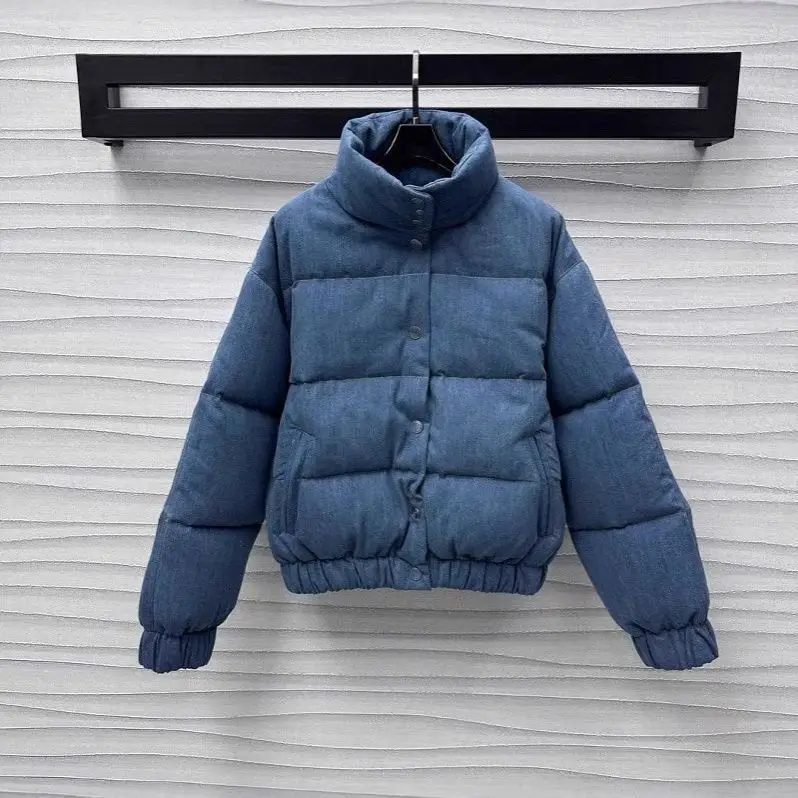 Winter New Retro-style Denim Cotton Coat Ski Suit Short Stand-collar Down Jacket