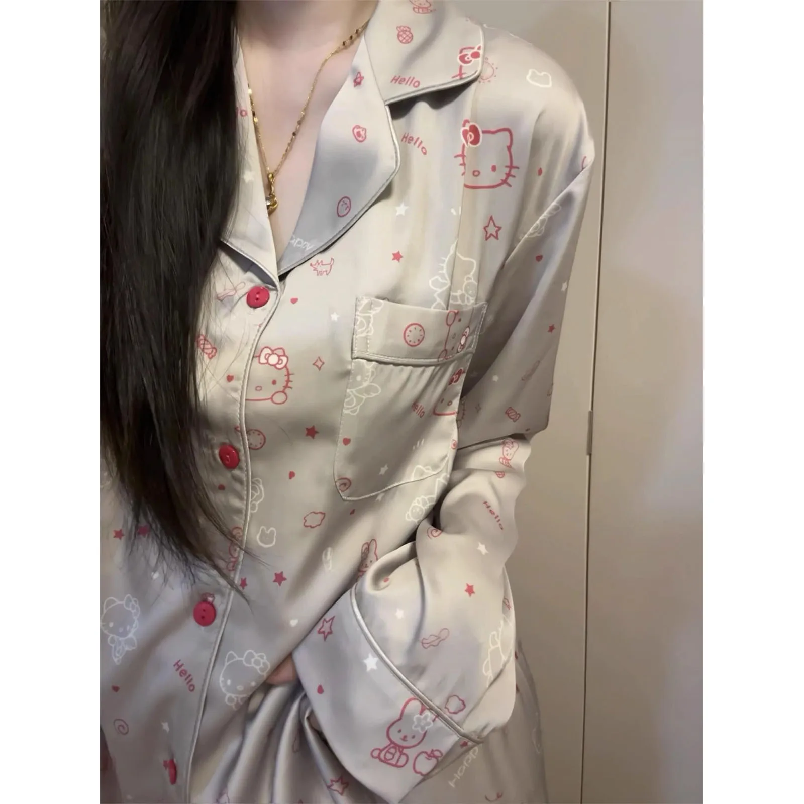 산리오 헬로 키티 잠옷 만화 카와이 긴 소매 바지 홈 의류 패션 라운지웨어 편안한 잠옷 선물