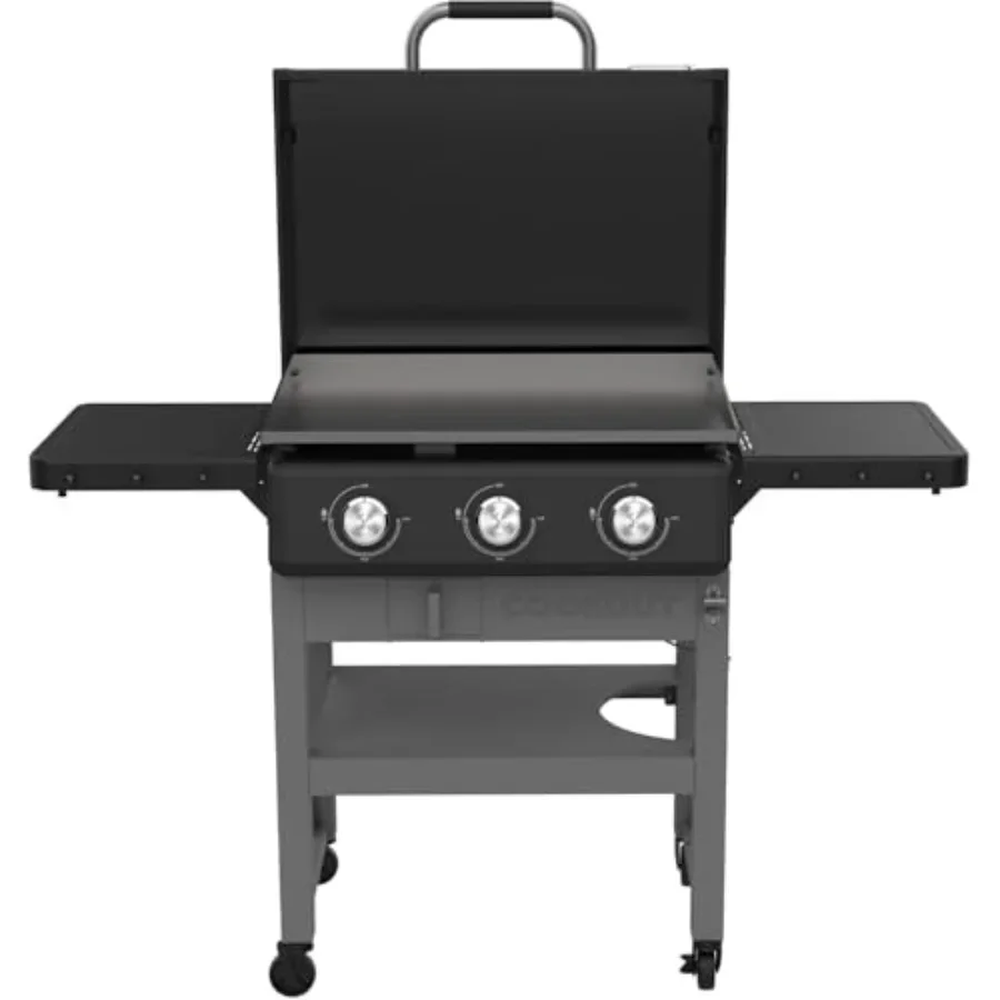 Outdoor LP griddle station with stainless steel surface, black finish, 37, 500 BTU output and 550 sq in cooking area for fast,