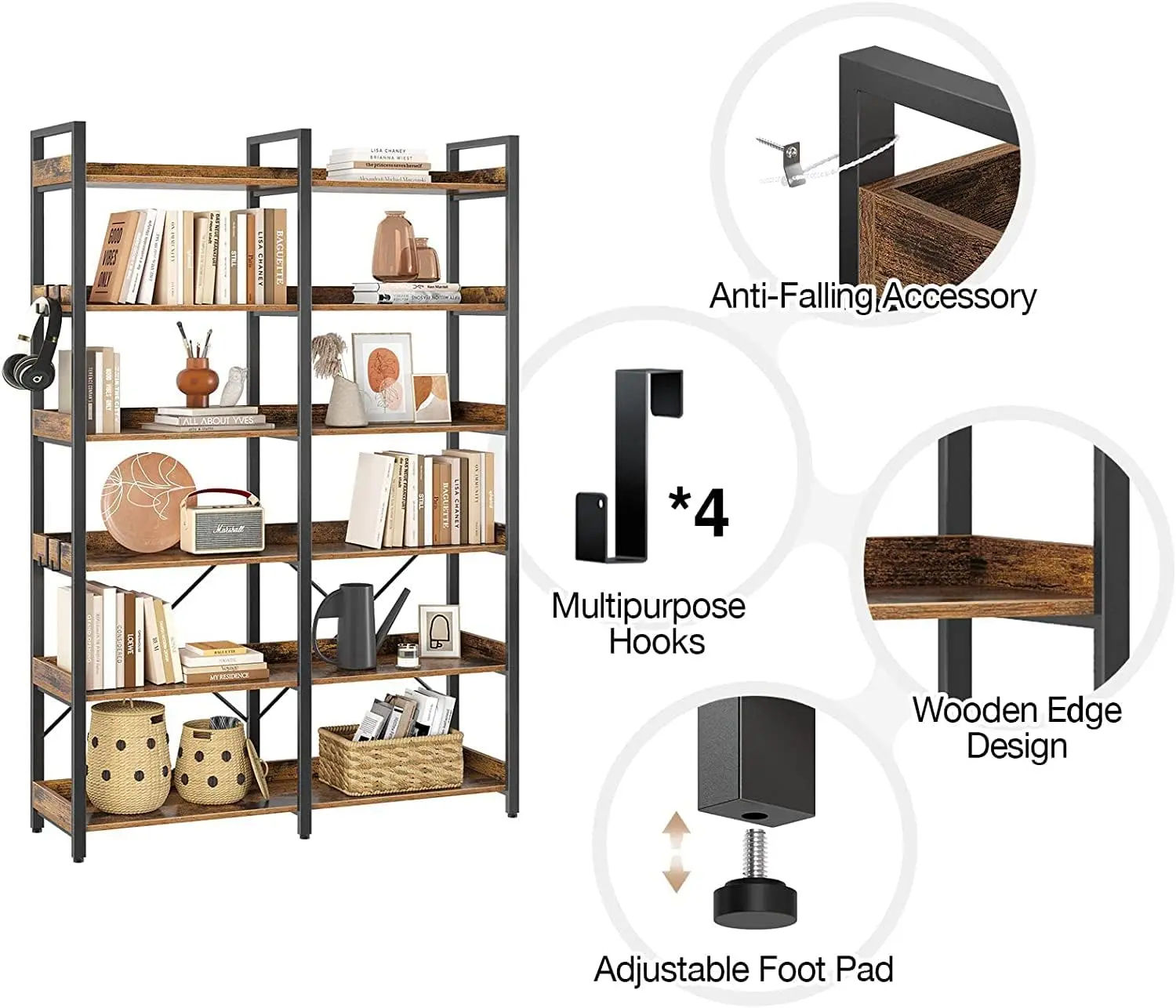 Seventable Bookshelf 6 Tier with 4 Hooks, 69” Industrial Wooden Bookcase, Vintage Storage Rack with Open Shelves