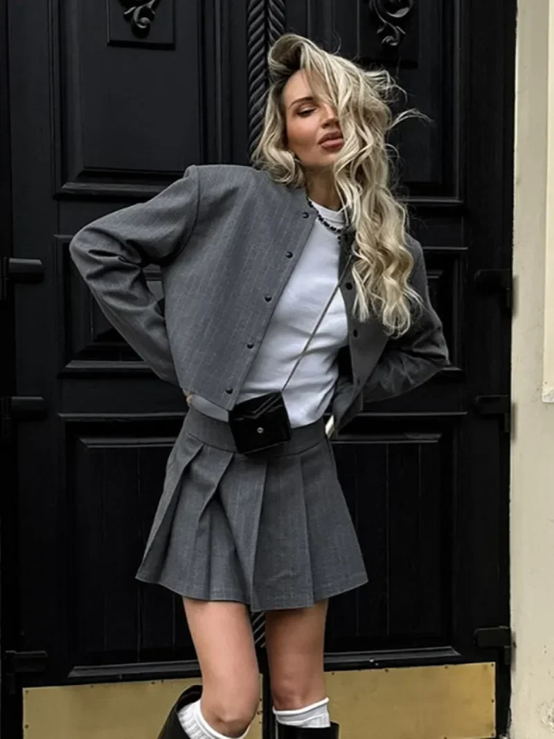 Women's Striped Blazer Suit Fashion Long Sleeve Single Breasted Short Coats and Pleated Skirts Two Pieces Sets Gray Streetwear