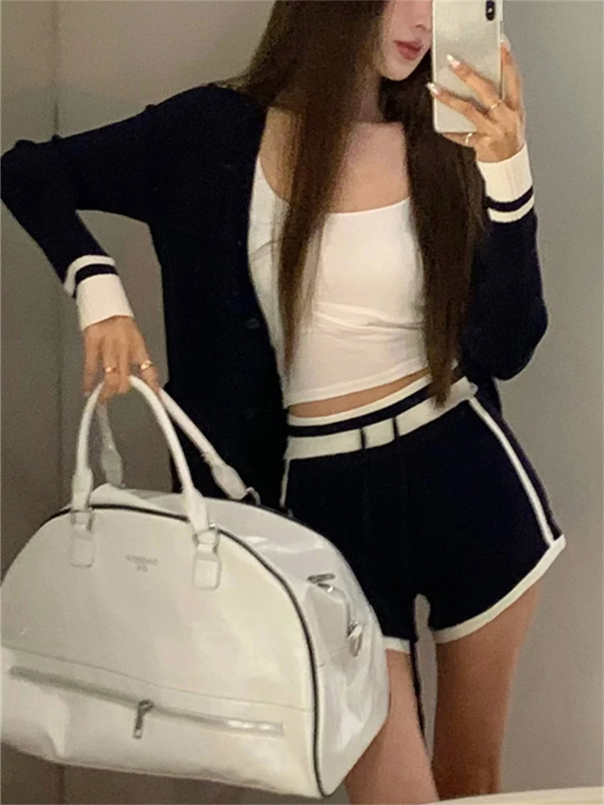 PLAMTEE Casual Knitted Women Suits Chic Slim Elegant Sweaters 2024 Summer OL High Waist Sports Loose Shorts Office Lady Sets