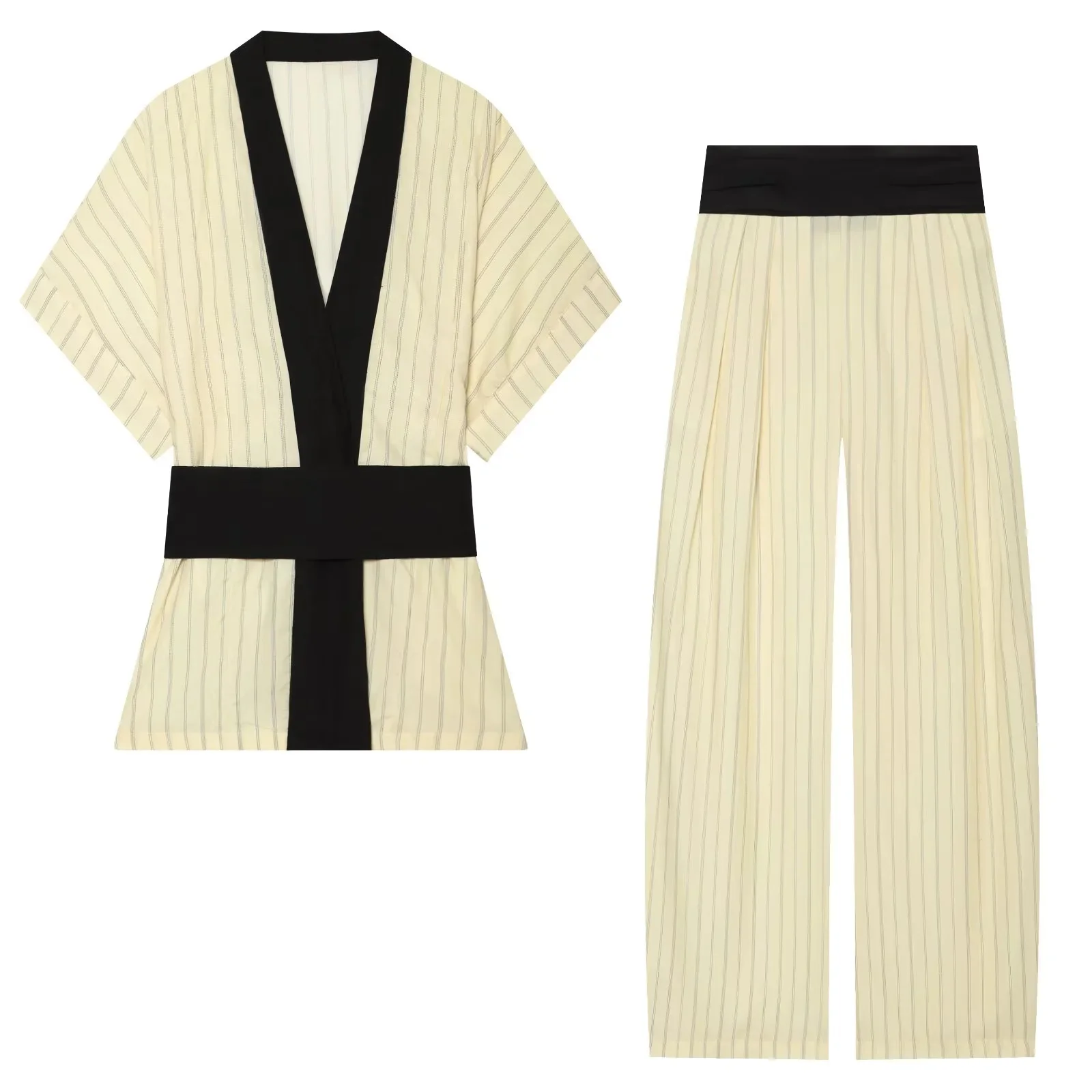 KONDALA Damen Eleganter Freizeitanzug Gestreifter Kontrastfarbener Kurzarm-Oberteil, Lange Hose 2026 Sommer Trendiges Urlaubs-Chic-Set – Detail 4