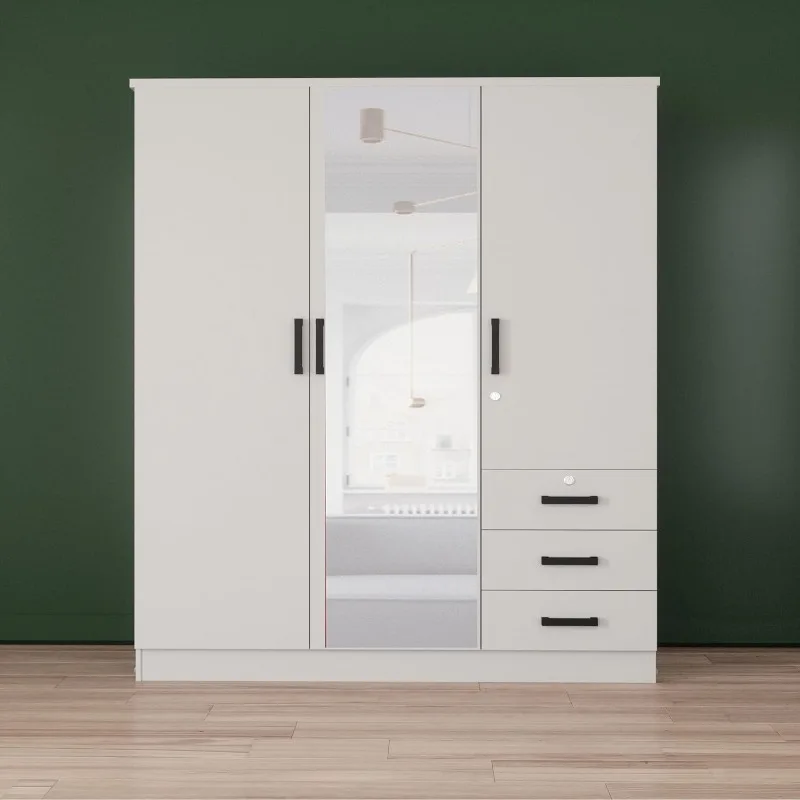 Wardrobe, Wooden Wardrobe with Mirror Doors, 3 Doors and 3 Drawers, White Bedroom Wardrobe (19 