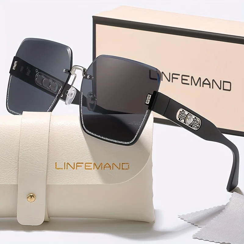 LINFEMAND Rahmenlose Mode-Sonnenbrille mit Farbverlauf, Perlen-Blumendekoration, Kunststoffrahmen mit Etui für Damen, Sommer-Festival-Geschenk – Detail 8