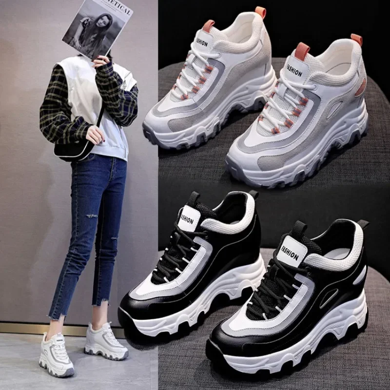 9CM Genuine Leather Platform Wedge Hidden Heel Women Casual Shoes Chunky Sneakers Za Ins Fashion Winter Warm Sneakers Boot