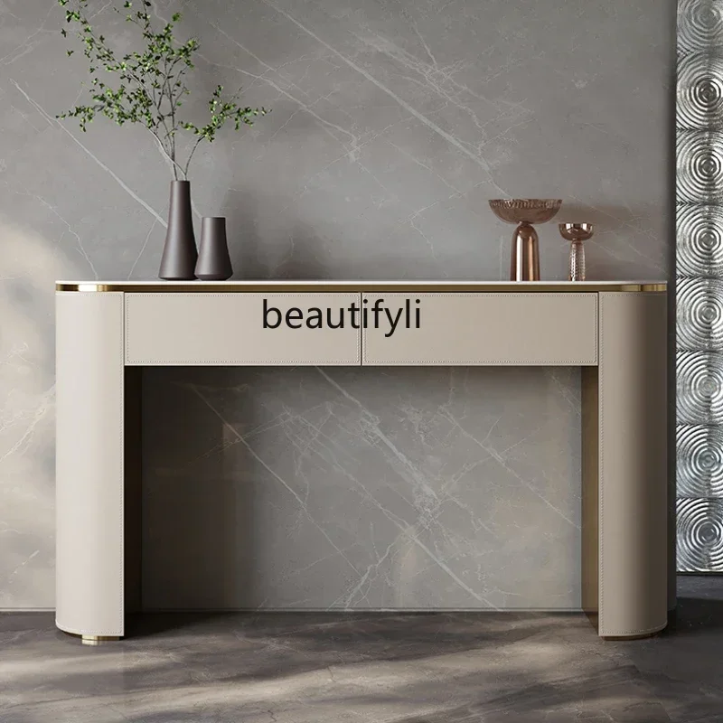 

Консольный шкаф Q181: Легкий люкс, креативный дизайн, современный минимализм, для дома, с каменной столешницей и отделкой из седельной кожи
