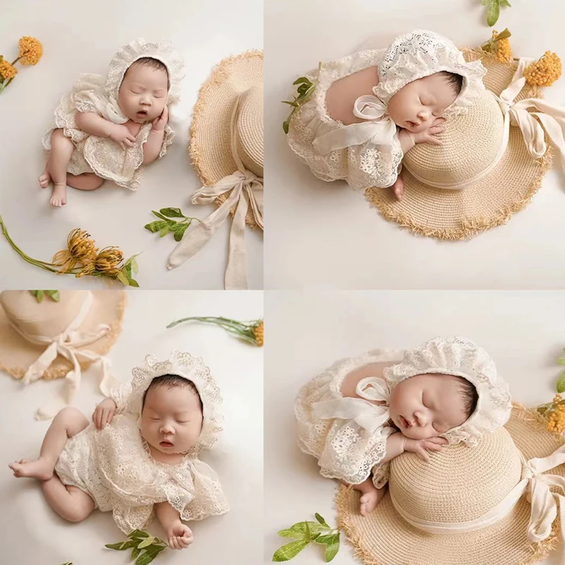 Vêtements de Photographie pour Nouveau-Né, Tenue en Dentelle, Costumes de Batterie + Chapeau, Ensemble Barboteuse en Dentelle, Accessoires de Prise de Vue en Studio pour Bébé Fille