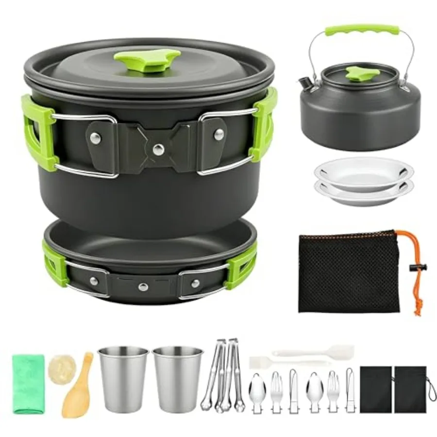 

20pcs Camping Cookware Mess Kit, Non-Stick Lightweight Pots Set with Stainless Steel Cups Plates Forks Knives Spoons, Portable