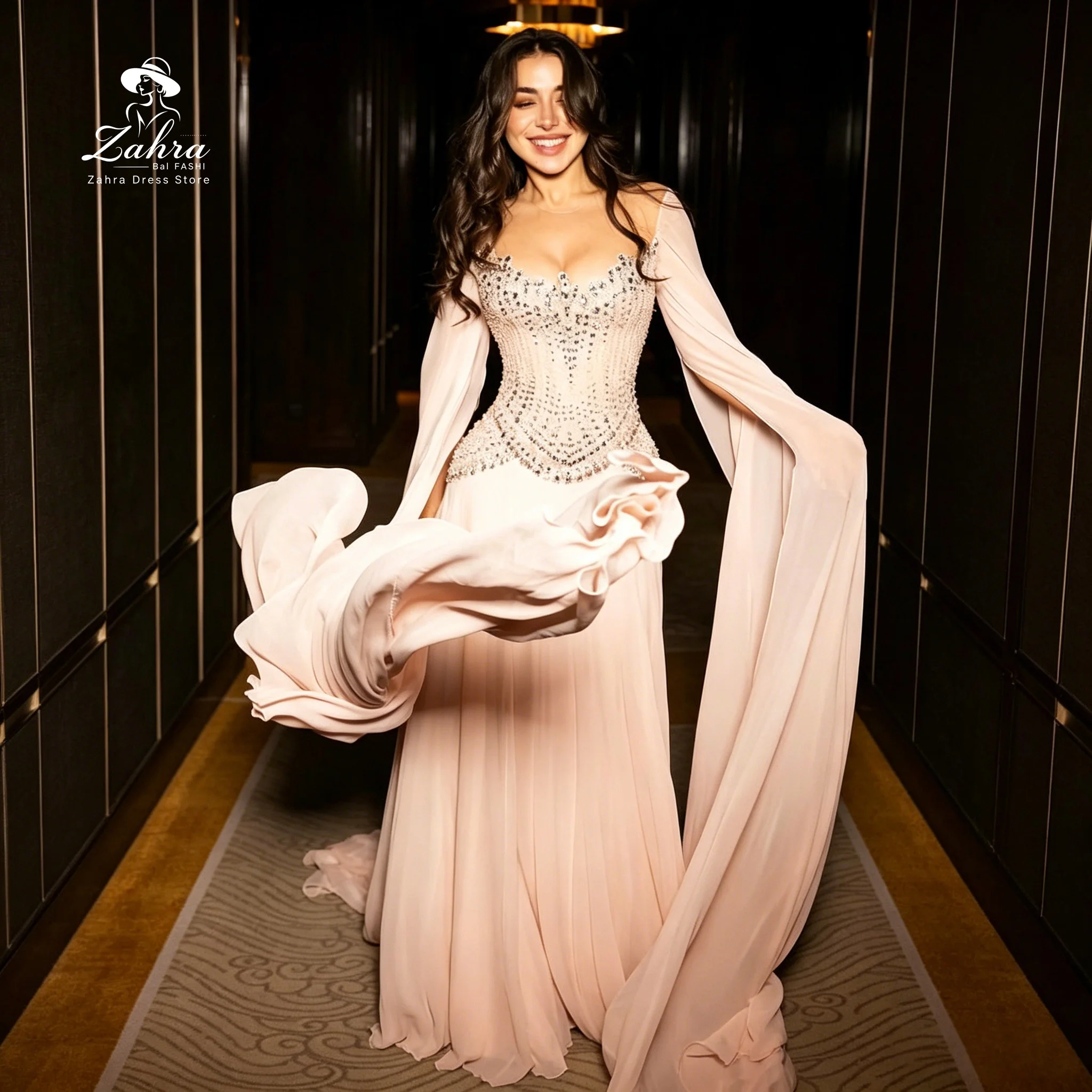 Nude Blush Sweetheart Rhinestone Corset Women's Evening Dresses Long Chiffon Cape Flowy A Line Modest Dubai Formal Maxi Gown view 3