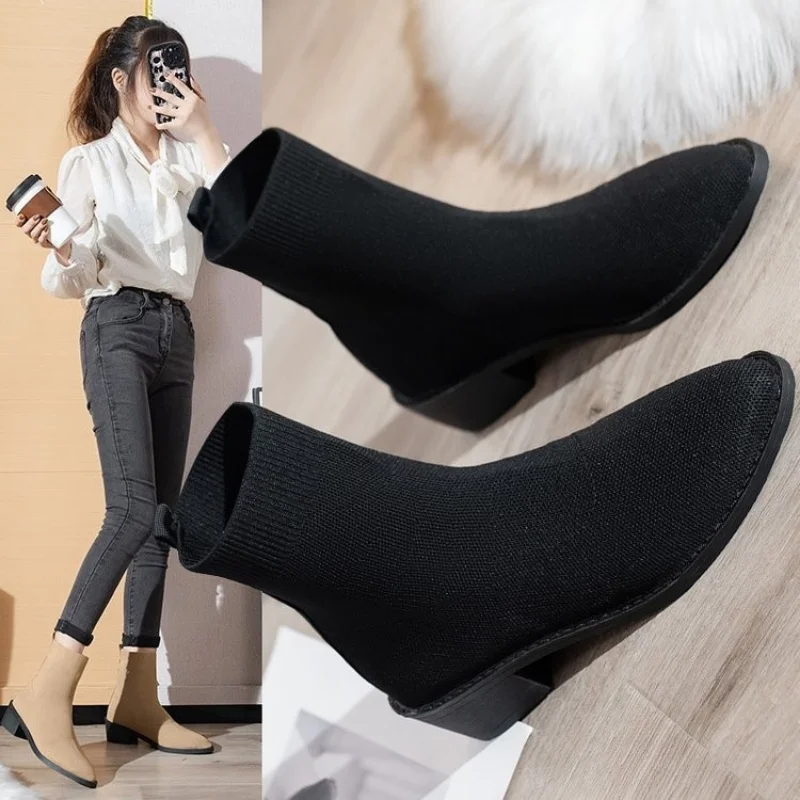 2023 New Knit Fabric Booties Women Spring Autumn Breathable Stretchy Knit Ankle Boots High Heels Boots Slip on Ladies Shoes