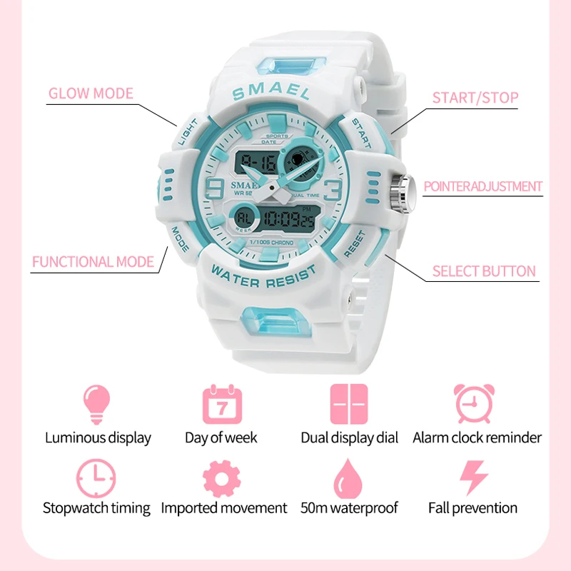 SMAEL New Quartz Digital Watch for Woman Dual Time Display Sport Fashion Lady White Wristwatches 8083 Date Week Female Stopwatch