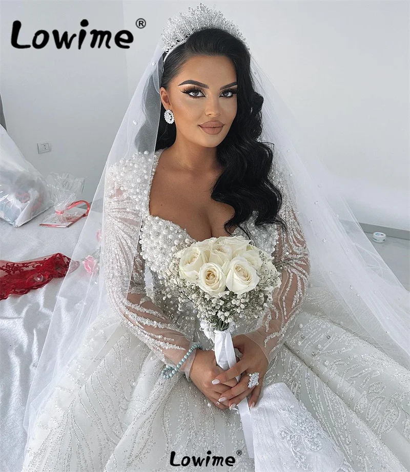 Luxury Pearls Shiny Sequins Beading Wedding Dress Long Sleeves Bridal Gowns Vestidos De Novia 2024 Puffy Ivory White Bride Dress