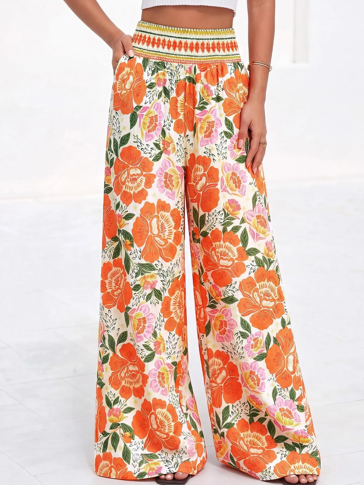 

Women Wide Leg Pants High Waist Loose Fit Trousers Orange Floral Printed Summer Wide Leg Pants Blue Floral Smocked Waist Pants