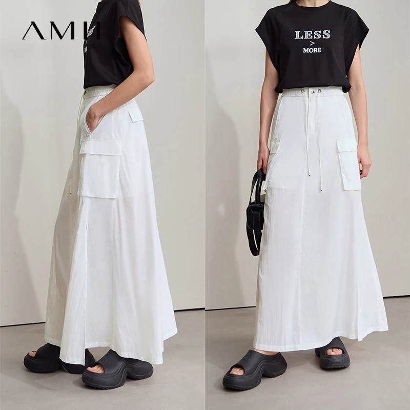 AMII Vacation Long Skirt 2026 Summer Women Loose Sun Protection Office Lady Solid Pockets Elastic Waist Cord Slit Skirt 12542106