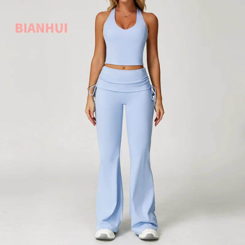 BIANHUI Nude Feel Yoga Suit H-Shaped Beauty Back Fold High Waist Leggings Workout Clothes Women's Sports Fitness Running Outfit