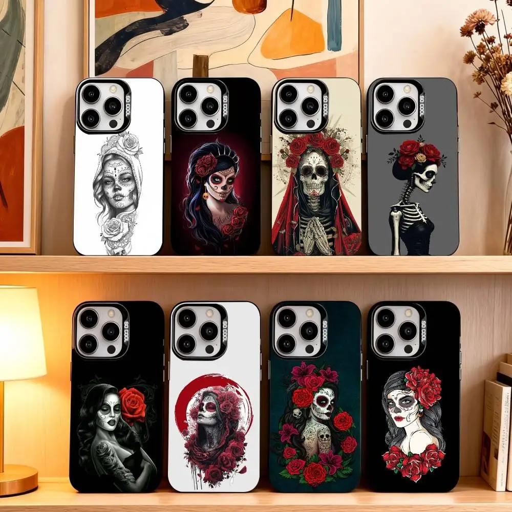 

C-Catrina B-Beautiful R-Rose Girl Skull Phone Case For iPhone17,16,15,14,13,12,11 Plus,Pro Max Black Candy silver phone case