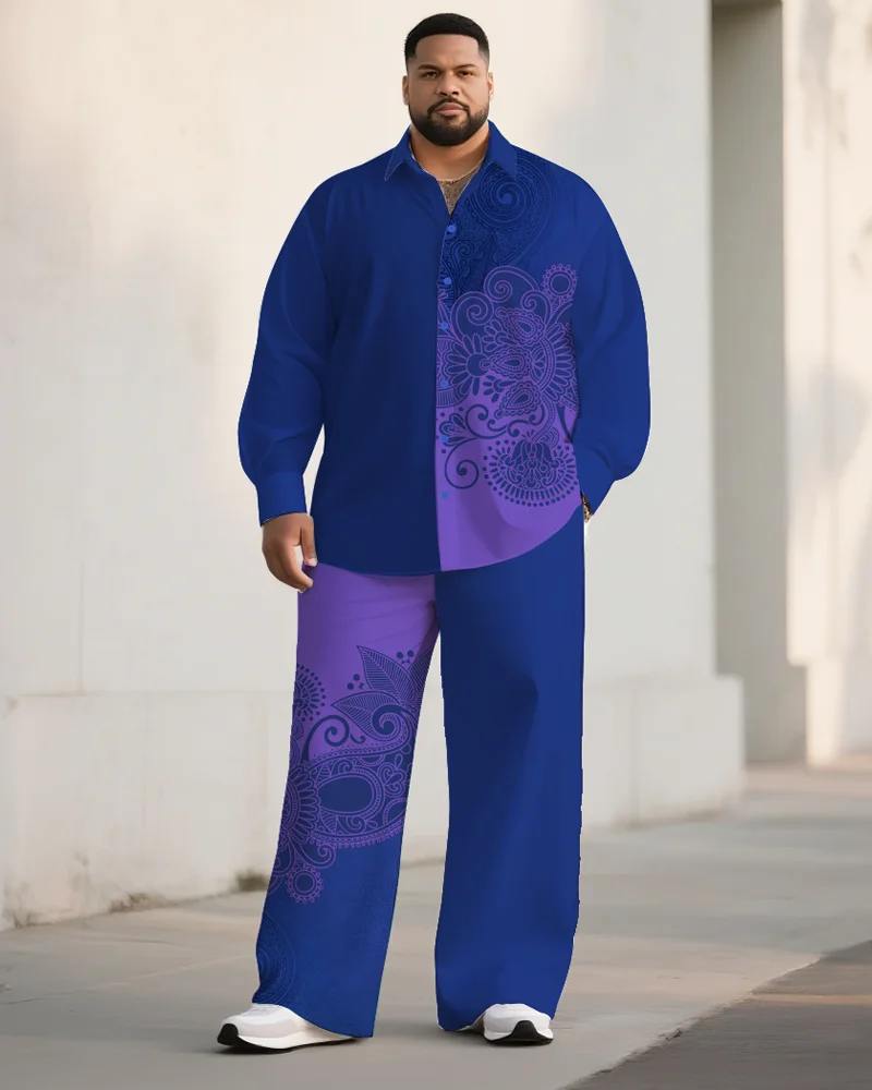 S-9XL Camisa de manga larga con paneles y patrón Pelis de talla grande para hombre, pantalones de dos piezas